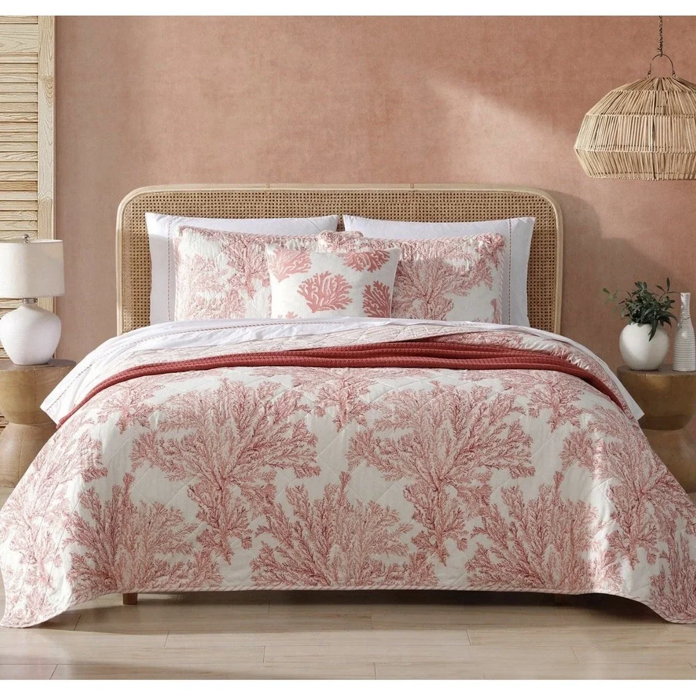 Tommy Bahama King Quilt + 2 Shams Coral Garden New Reversible Bedding Set